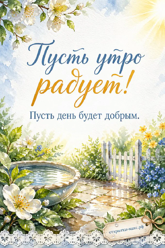 Раскрытая книга с нарисованным солнышком и сердечком, рядом ваза с мимозой и зелёный плед, надпись «Пусть утро радует!» — вариант 3