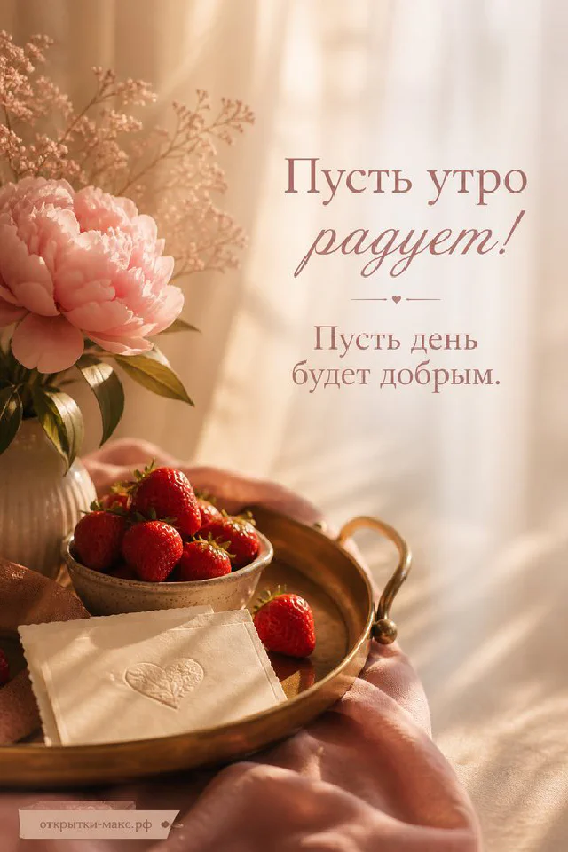 Раскрытая книга с нарисованным солнышком и сердечком, рядом ваза с мимозой и зелёный плед, надпись «Пусть утро радует!» — вариант 4