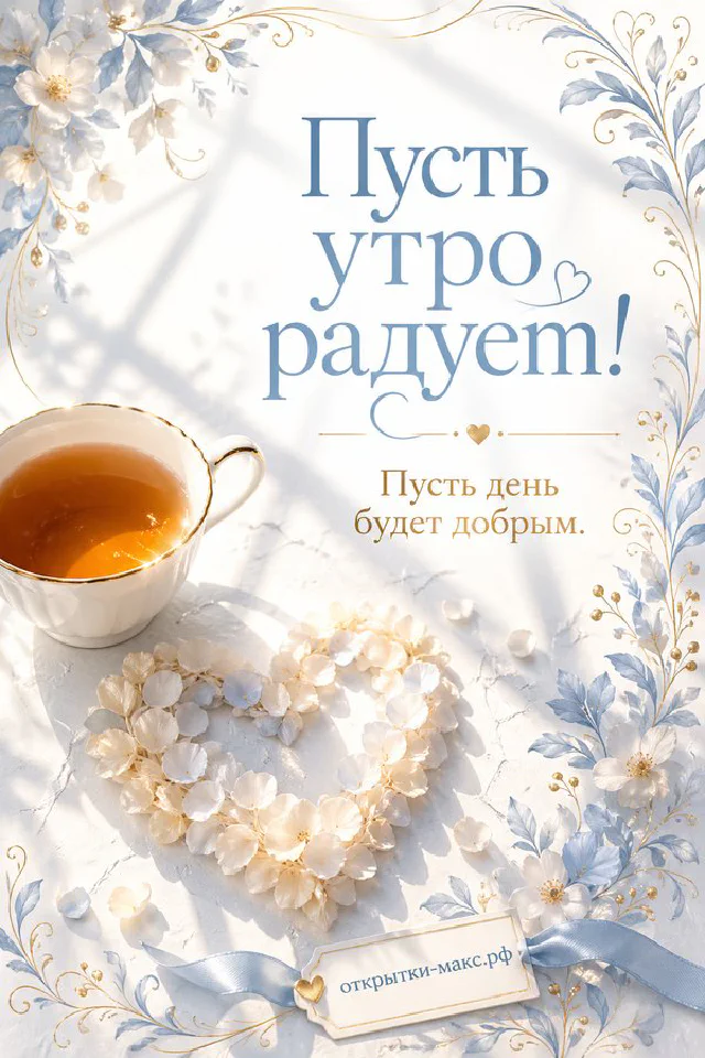 Раскрытая книга с нарисованным солнышком и сердечком, рядом ваза с мимозой и зелёный плед, надпись «Пусть утро радует!» — вариант 5