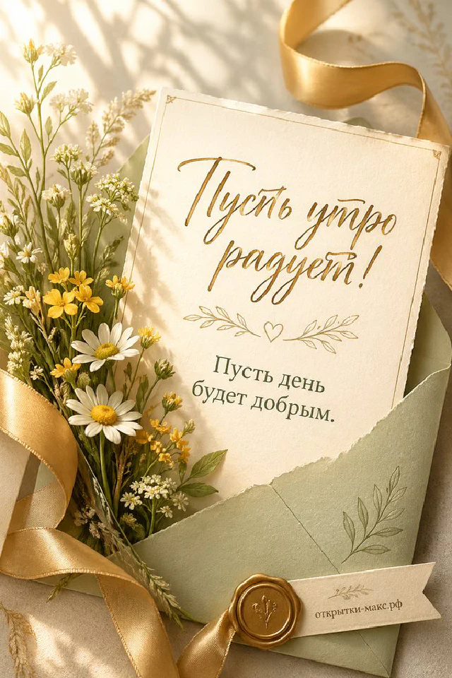 Раскрытая книга с нарисованным солнышком и сердечком, рядом ваза с мимозой и зелёный плед, надпись «Пусть утро радует!» — вариант 6