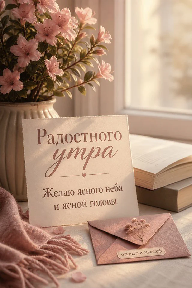 Открытка с белыми тюльпанами и золотой лентой на светлом фоне с надписью «Радостного утра» — вариант 2