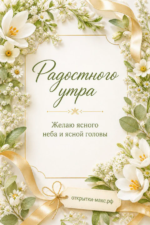 Открытка с белыми тюльпанами и золотой лентой на светлом фоне с надписью «Радостного утра»