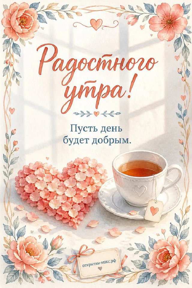 Акварельная иллюстрация: большая зелёная чашка кофе с пенкой, рядом будильник с улыбкой и рамка с цветочной картинкой — вариант 7