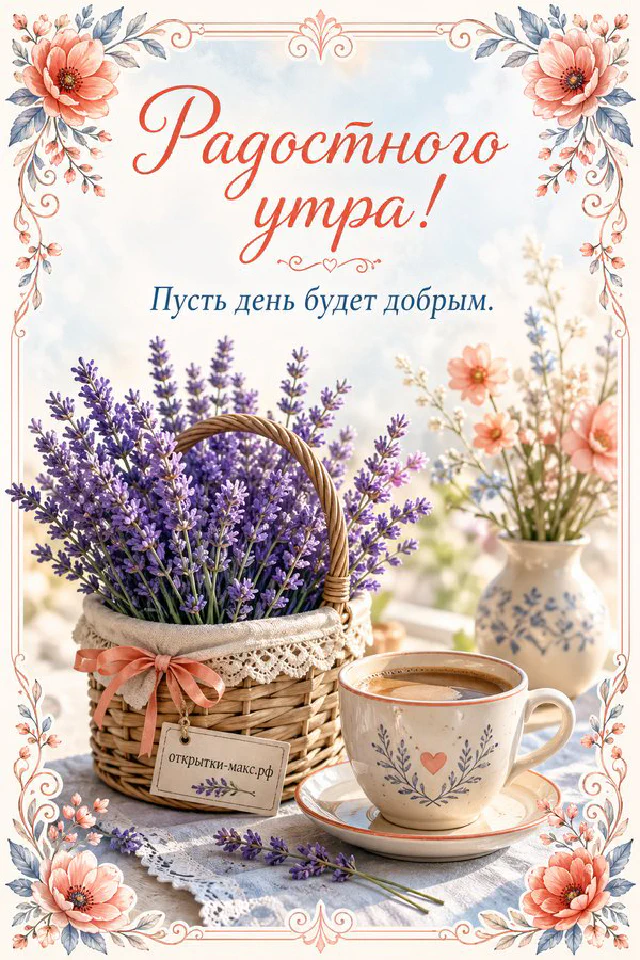 Акварельная иллюстрация: большая зелёная чашка кофе с пенкой, рядом будильник с улыбкой и рамка с цветочной картинкой — вариант 8