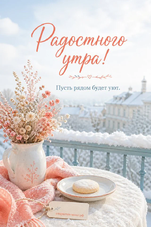 Открытка с надписью Радостного утра в окружении бумажных цветов кораллового и голубого цвета — вариант 8