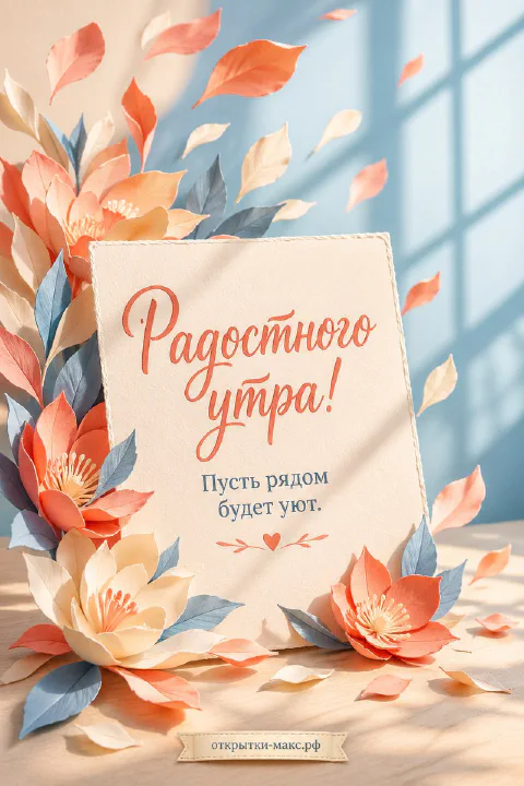 Открытка с надписью Радостного утра в окружении бумажных цветов кораллового и голубого цвета