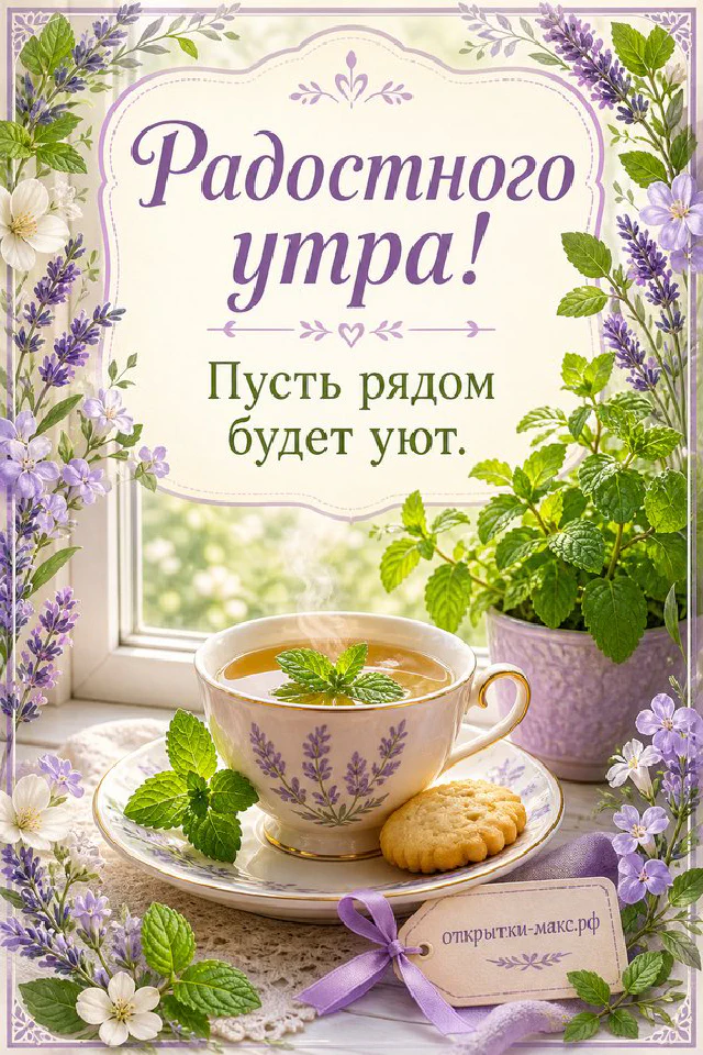 Открытка с надписью Радостного утра в окружении бумажных цветов кораллового и голубого цвета — вариант 2