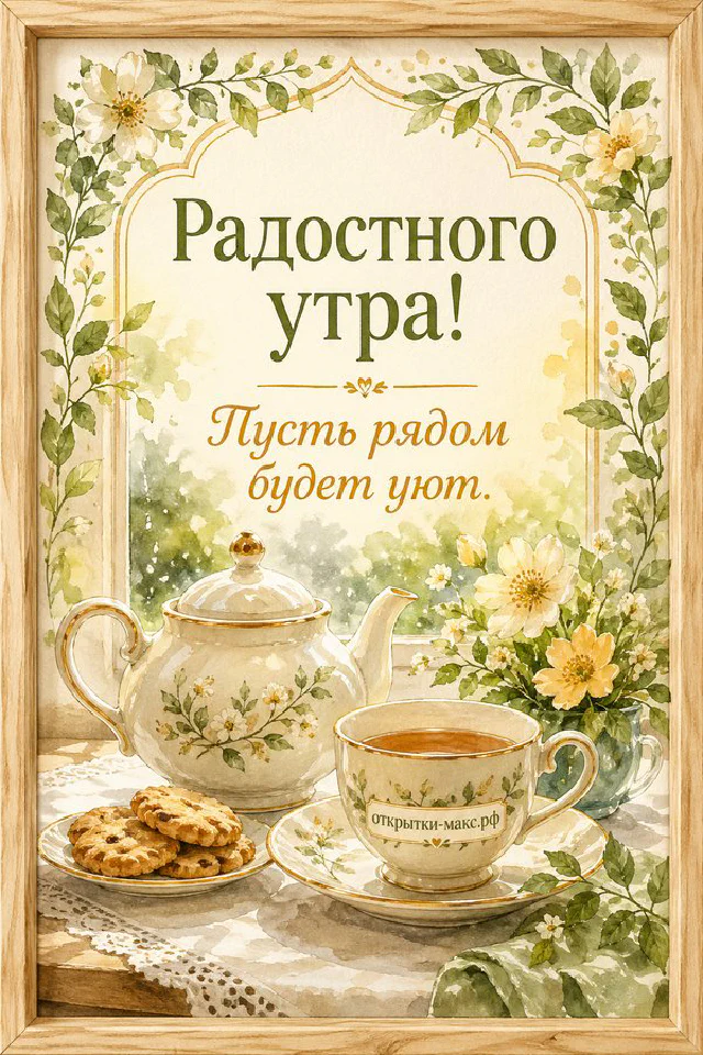 Открытка с надписью Радостного утра в окружении бумажных цветов кораллового и голубого цвета — вариант 7