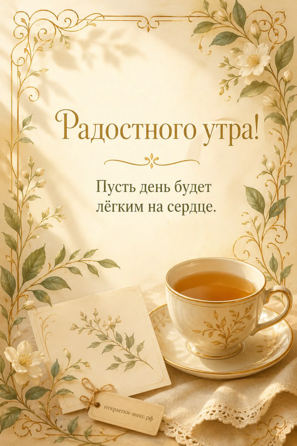 Винтажная открытка с фарфоровой чашкой чая и цветочной рамкой, надпись «Радостного утра»
