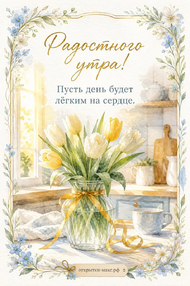 Винтажная открытка с фарфоровой чашкой чая и цветочной рамкой, надпись «Радостного утра» — вариант 4