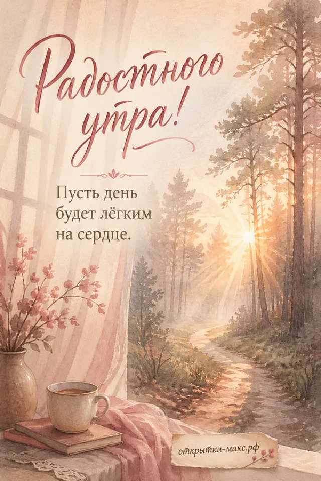 Винтажная открытка с фарфоровой чашкой чая и цветочной рамкой, надпись «Радостного утра» — вариант 6