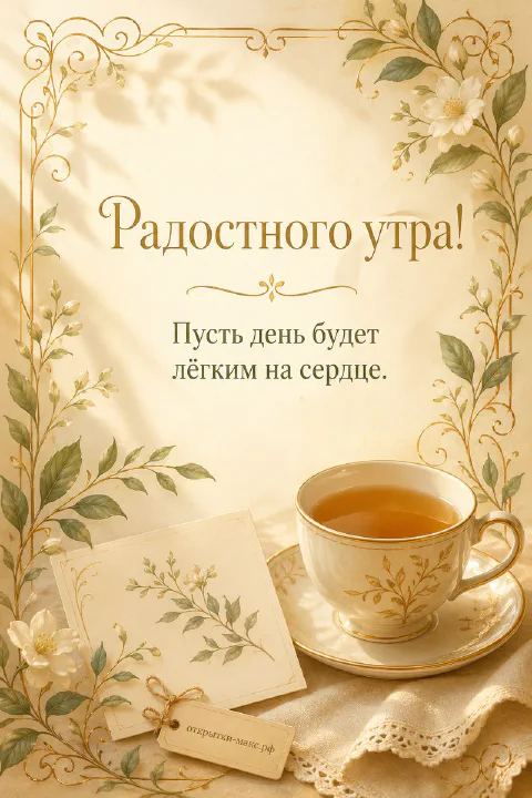 Винтажная открытка с фарфоровой чашкой чая и цветочной рамкой, надпись «Радостного утра»