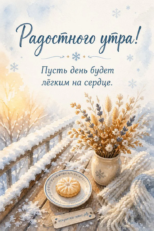 Винтажная открытка с фарфоровой чашкой чая и цветочной рамкой, надпись «Радостного утра» — вариант 2