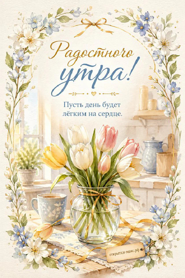 Винтажная открытка с фарфоровой чашкой чая и цветочной рамкой, надпись «Радостного утра» — вариант 3