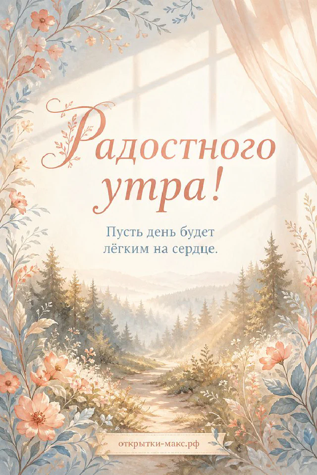 Винтажная открытка с фарфоровой чашкой чая и цветочной рамкой, надпись «Радостного утра» — вариант 5