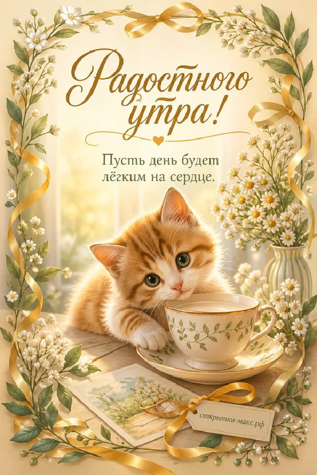 Винтажная открытка с фарфоровой чашкой чая и цветочной рамкой, надпись «Радостного утра» — вариант 7