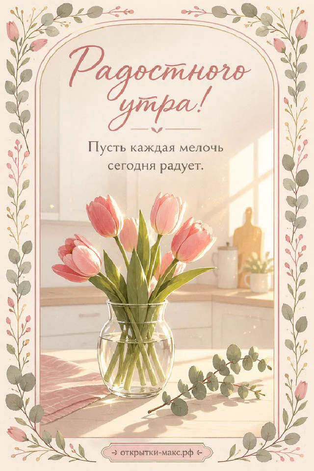 Чашка чая, белый конверт и осенние листья на деревянном столе, надпись «Радостного утра» — вариант 5