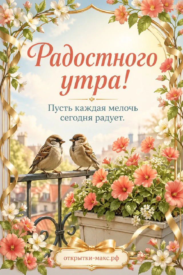 Чашка чая, белый конверт и осенние листья на деревянном столе, надпись «Радостного утра» — вариант 6