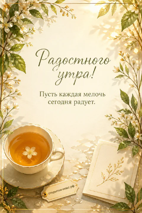 Чашка чая, белый конверт и осенние листья на деревянном столе, надпись «Радостного утра»