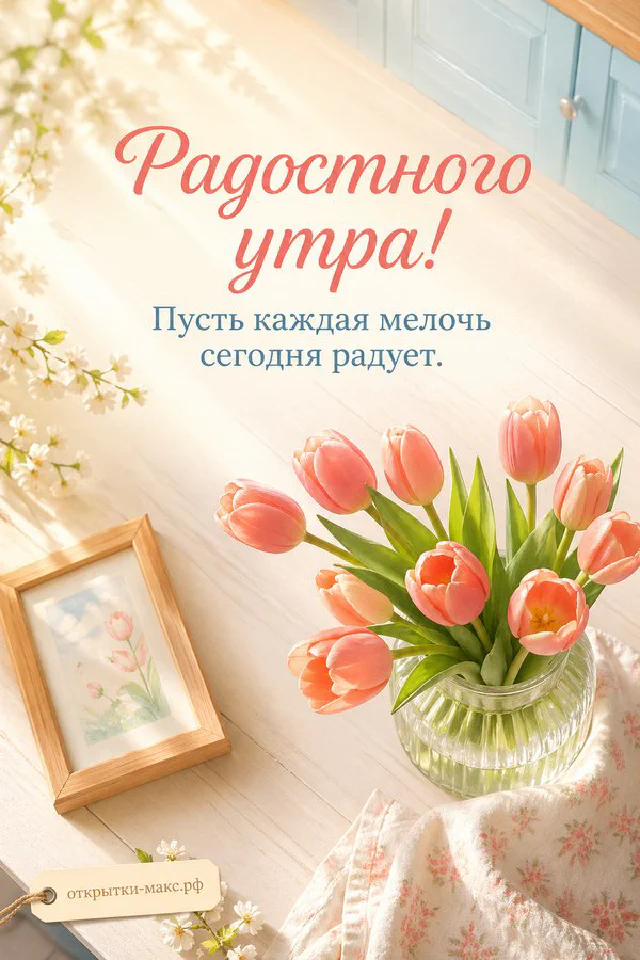 Чашка чая, белый конверт и осенние листья на деревянном столе, надпись «Радостного утра» — вариант 3