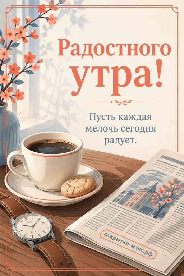 Чашка чая, белый конверт и осенние листья на деревянном столе, надпись «Радостного утра» — вариант 4
