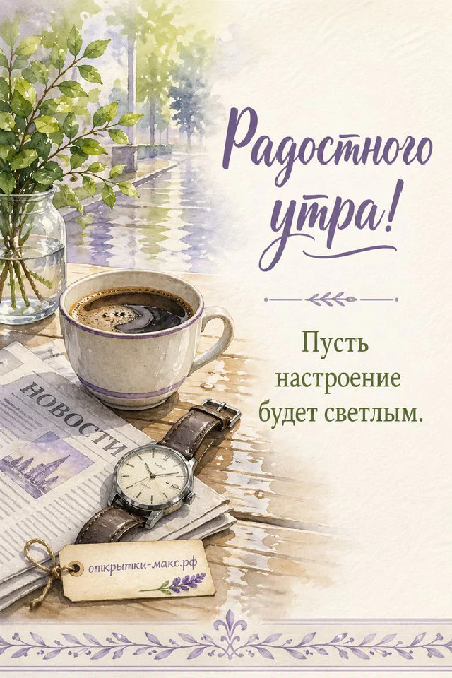 Стеклянная банка с букетом сирени и ромашек и чашка чая у окна с видом на хвойный лес и рассветную тропинку — вариант 8
