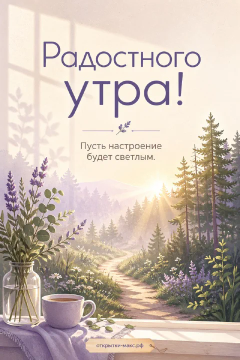 Стеклянная банка с букетом сирени и ромашек и чашка чая у окна с видом на хвойный лес и рассветную тропинку