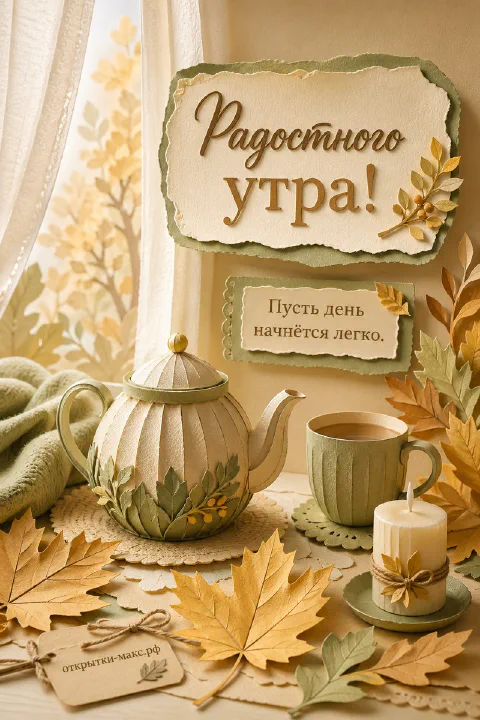 Акварельная открытка «Радостного утра» с керамическим чайником, кружкой чая, свечой и осенними листьями