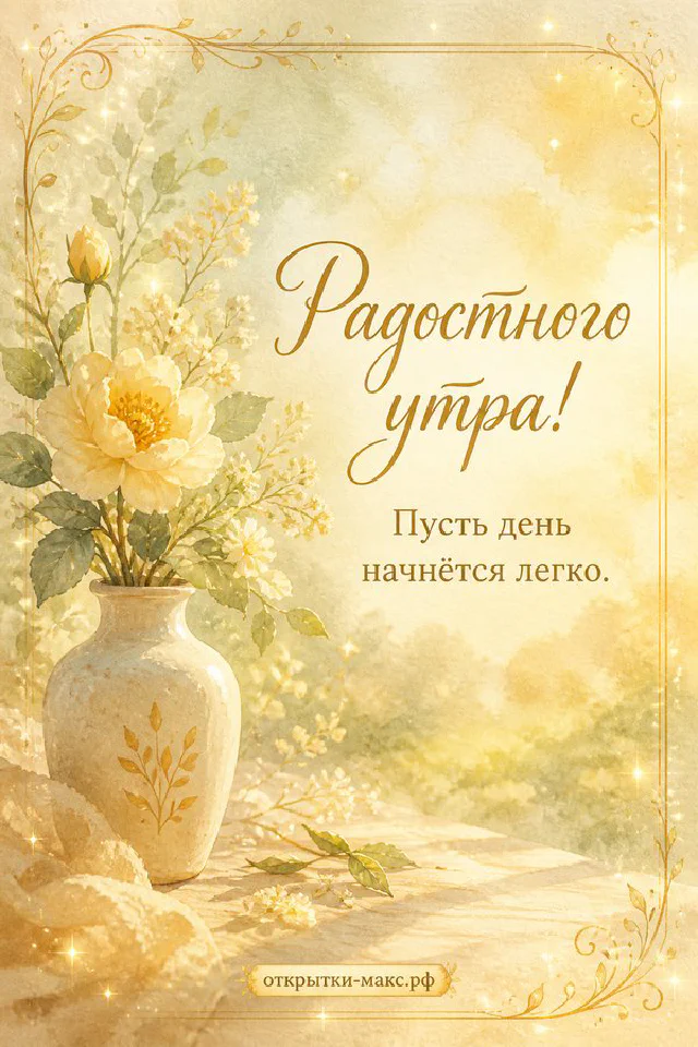 Акварельная открытка «Радостного утра» с керамическим чайником, кружкой чая, свечой и осенними листьями — вариант 2