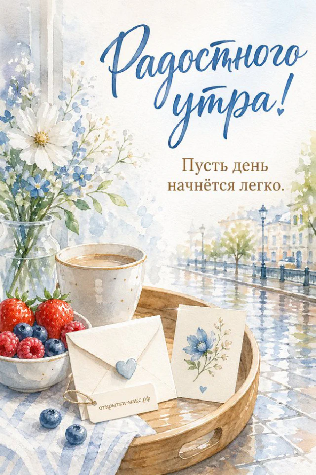 Акварельная открытка «Радостного утра» с керамическим чайником, кружкой чая, свечой и осенними листьями — вариант 4