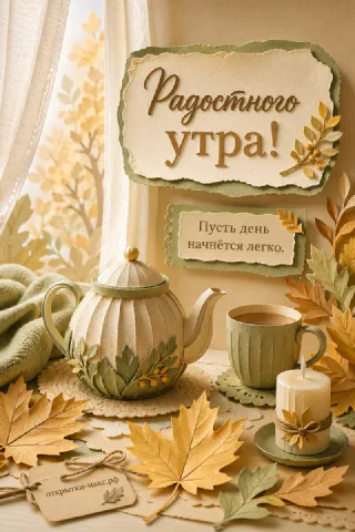 Акварельная открытка «Радостного утра» с керамическим чайником, кружкой чая, свечой и осенними листьями