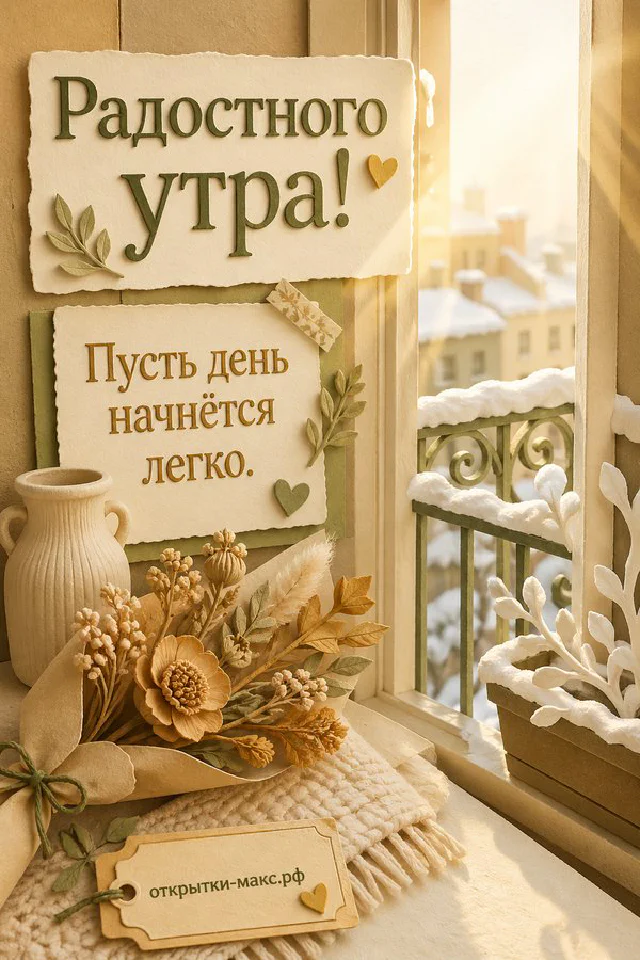 Акварельная открытка «Радостного утра» с керамическим чайником, кружкой чая, свечой и осенними листьями — вариант 3