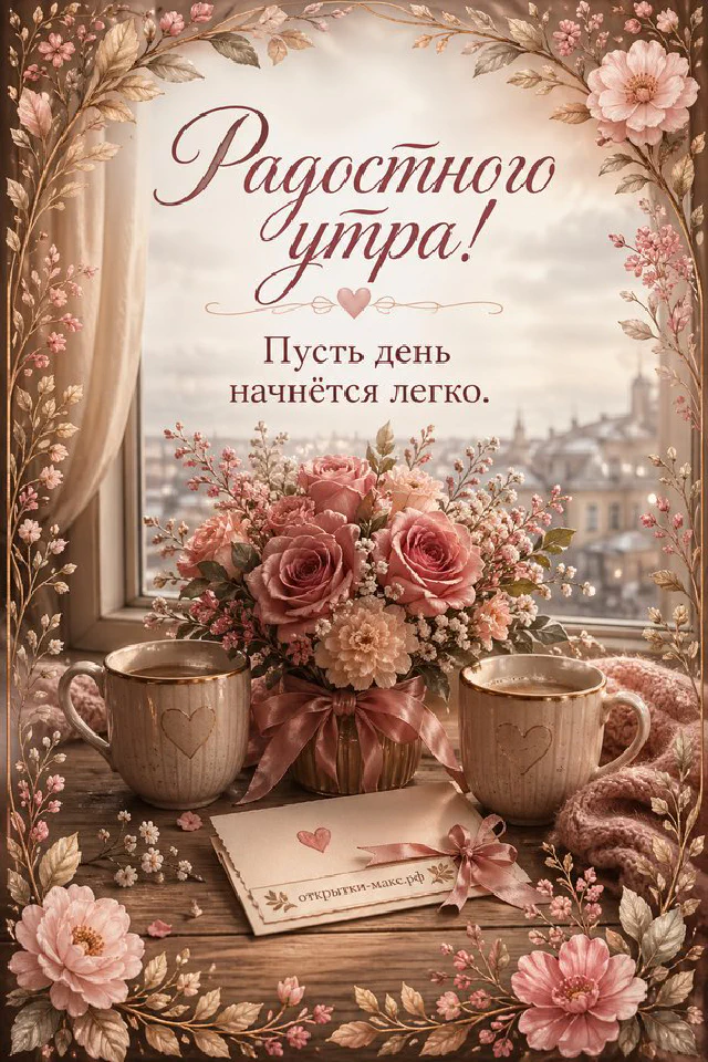 Акварельная открытка «Радостного утра» с керамическим чайником, кружкой чая, свечой и осенними листьями — вариант 5