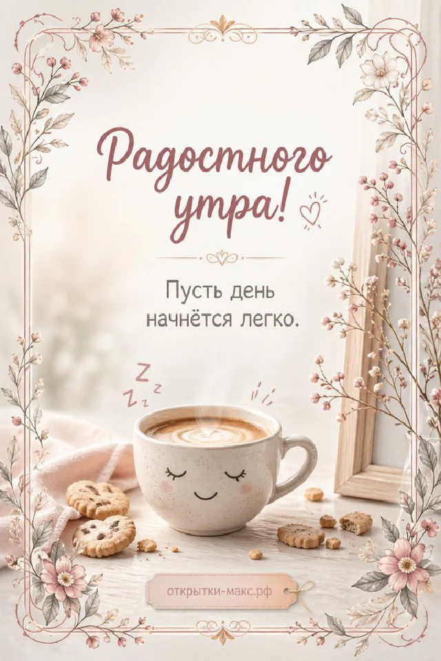 Акварельная открытка «Радостного утра» с керамическим чайником, кружкой чая, свечой и осенними листьями — вариант 6