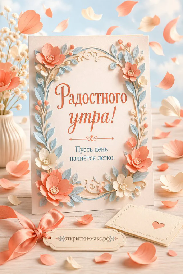 Акварельная открытка «Радостного утра» с керамическим чайником, кружкой чая, свечой и осенними листьями — вариант 7