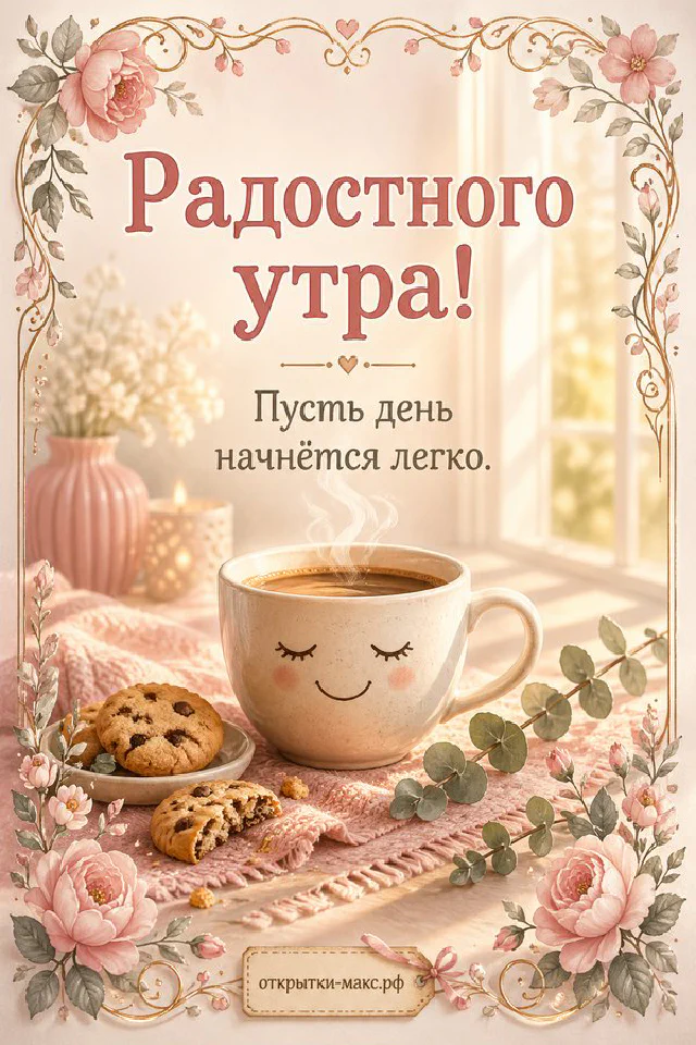 Акварельная открытка «Радостного утра» с керамическим чайником, кружкой чая, свечой и осенними листьями — вариант 8