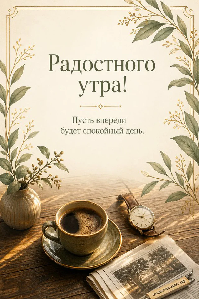 Дымящаяся чашка чёрного кофе, газета и наручные часы на коричневом ремешке на деревянном столе у окна — вариант 4