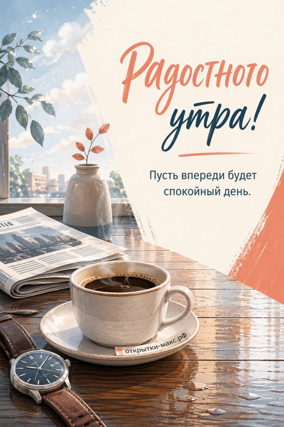 Дымящаяся чашка чёрного кофе, газета и наручные часы на коричневом ремешке на деревянном столе у окна