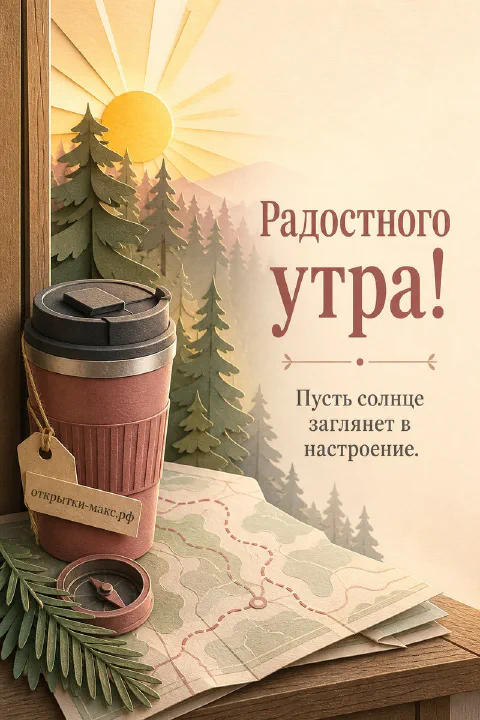 Чашка кофе, старинный компас и карта на столе путешественника, надпись «Радостного утра»