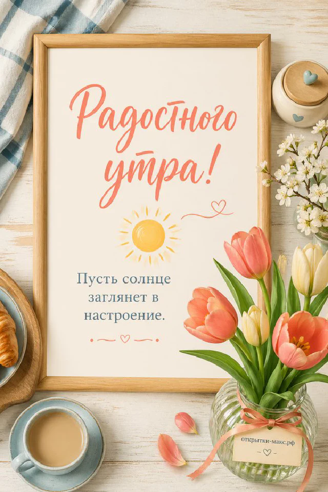 Чашка кофе, старинный компас и карта на столе путешественника, надпись «Радостного утра» — вариант 6
