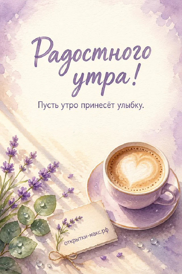 Поднос с чашкой кофе в горошек, круассаном, тарелкой ягод и букетом коралловых цветов, надпись «Радостного утра» — вариант 2
