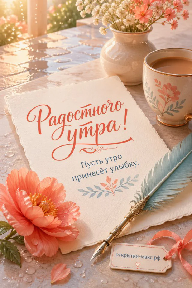 Поднос с чашкой кофе в горошек, круассаном, тарелкой ягод и букетом коралловых цветов, надпись «Радостного утра» — вариант 3