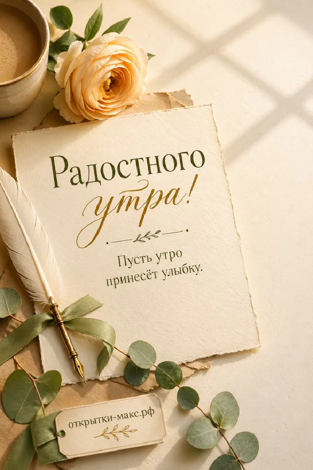 Поднос с чашкой кофе в горошек, круассаном, тарелкой ягод и букетом коралловых цветов, надпись «Радостного утра» — вариант 4