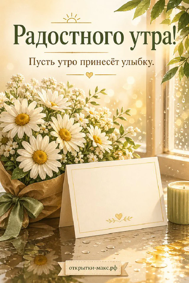 Поднос с чашкой кофе в горошек, круассаном, тарелкой ягод и букетом коралловых цветов, надпись «Радостного утра» — вариант 6