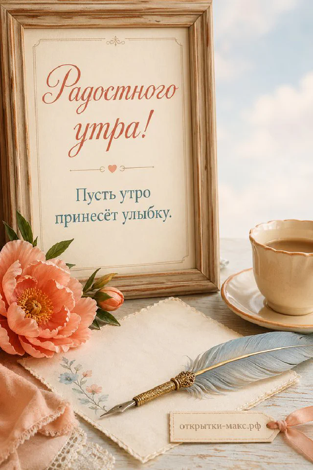 Поднос с чашкой кофе в горошек, круассаном, тарелкой ягод и букетом коралловых цветов, надпись «Радостного утра» — вариант 7