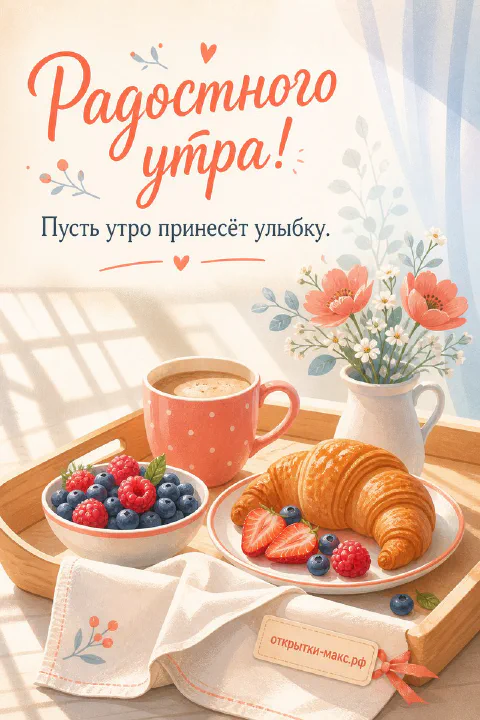 Поднос с чашкой кофе в горошек, круассаном, тарелкой ягод и букетом коралловых цветов, надпись «Радостного утра»
