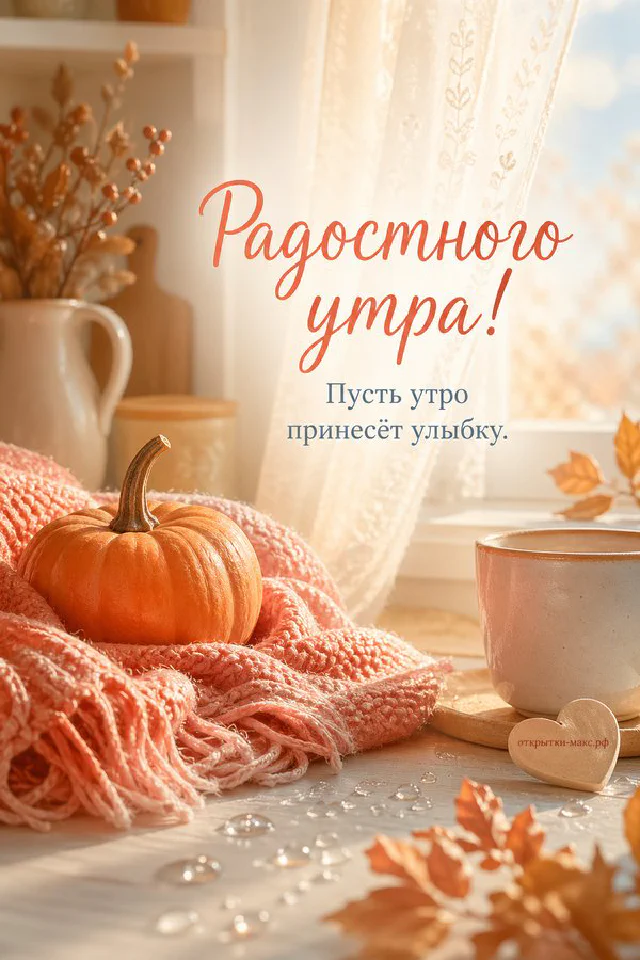 Поднос с чашкой кофе в горошек, круассаном, тарелкой ягод и букетом коралловых цветов, надпись «Радостного утра» — вариант 5