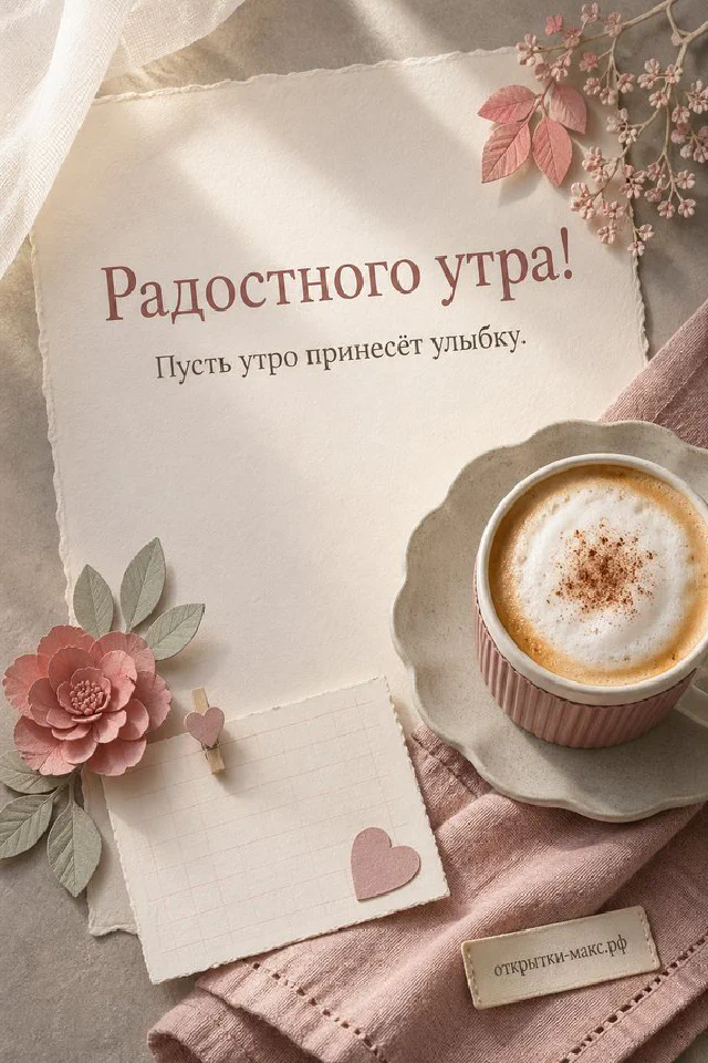 Поднос с чашкой кофе в горошек, круассаном, тарелкой ягод и букетом коралловых цветов, надпись «Радостного утра» — вариант 8