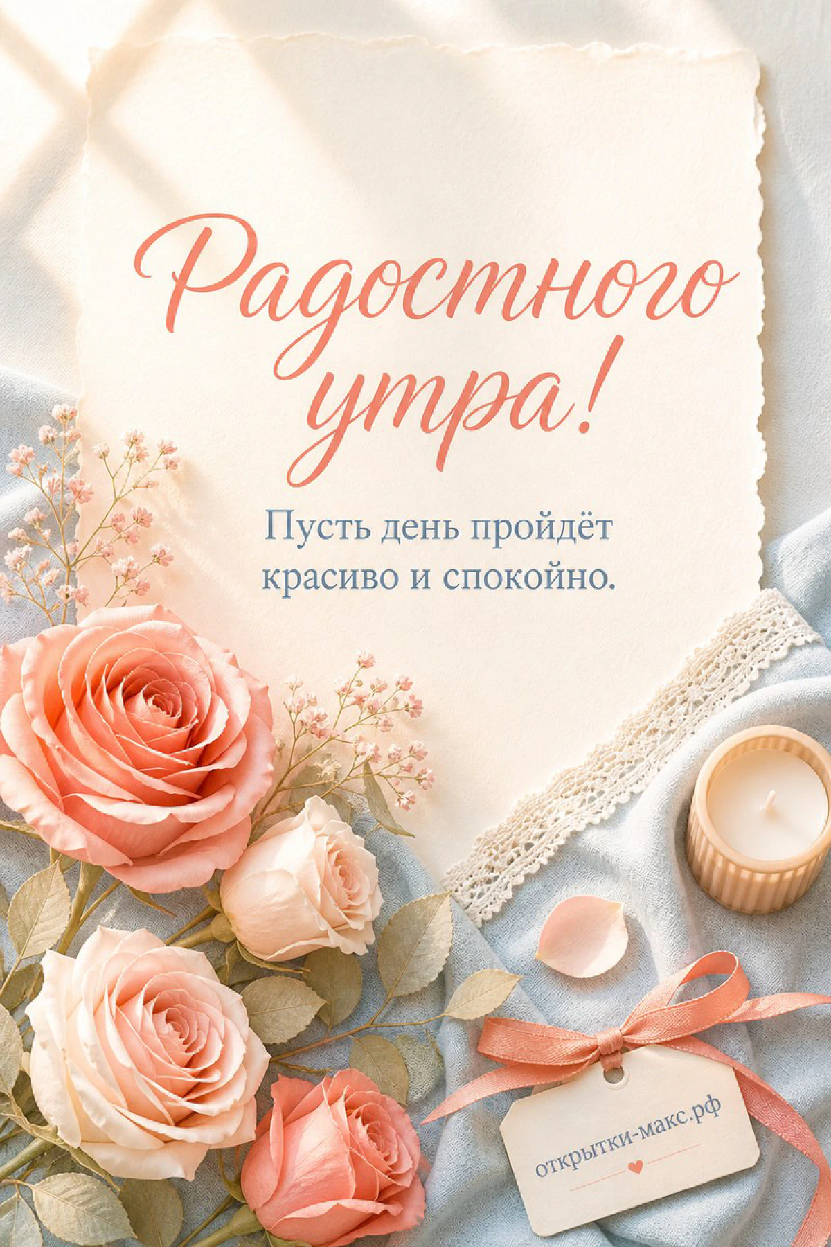 Букет персиковых и кремовых роз с гипсофилой, кремовое бумажное письмо и маленькая свеча на бледно-голубой ткани