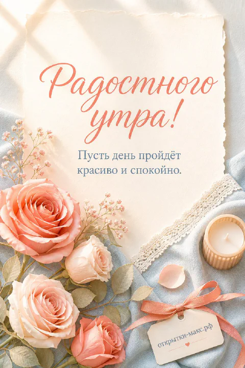 Букет персиковых и кремовых роз с гипсофилой, кремовое бумажное письмо и маленькая свеча на бледно-голубой ткани